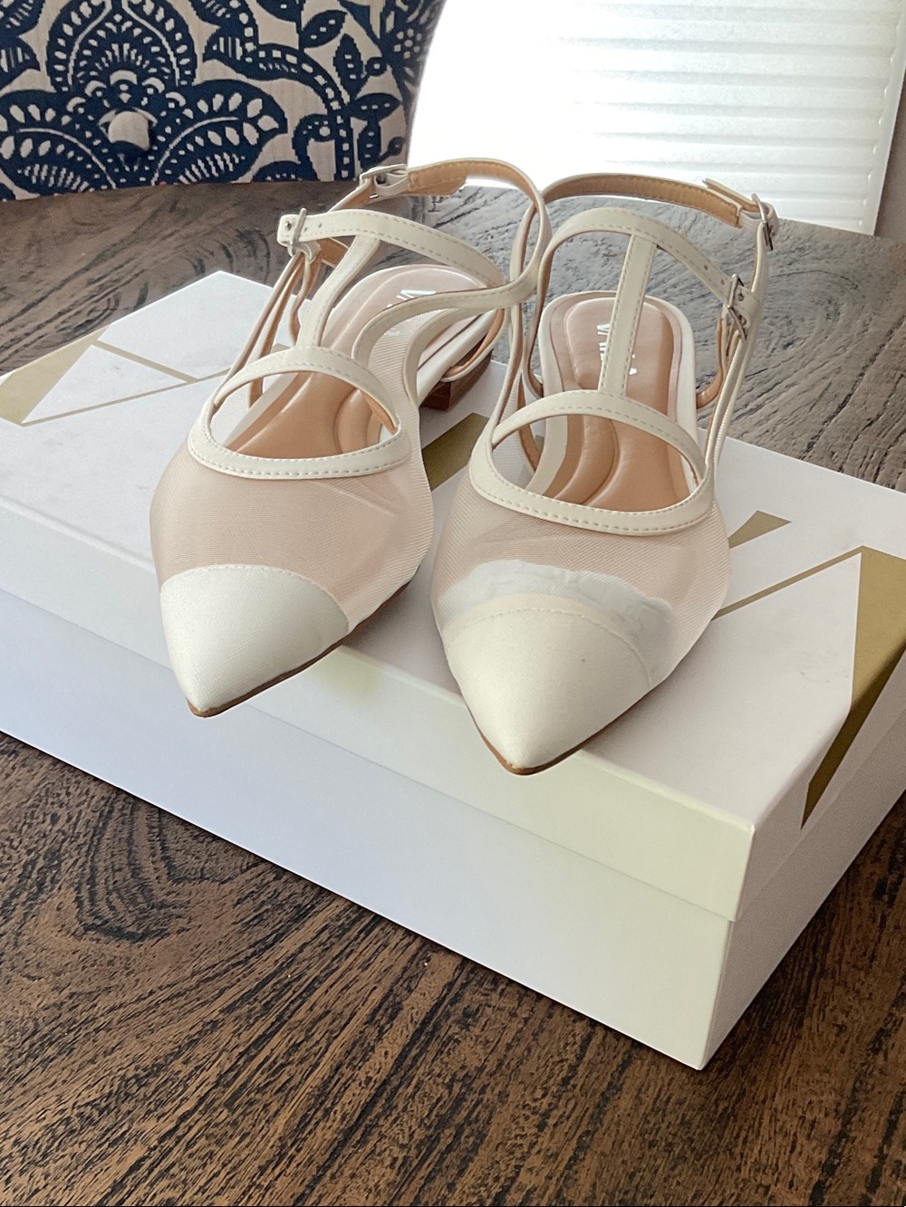 Pointed T‑Strap Slingback Flats in Cream